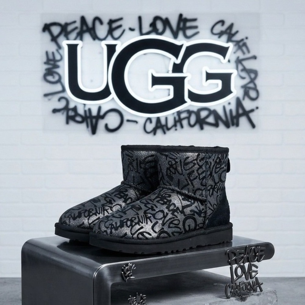 UGG Classic Mini Graffiti Peace Love California Silver Black Boots Y2K RARE SZ 7